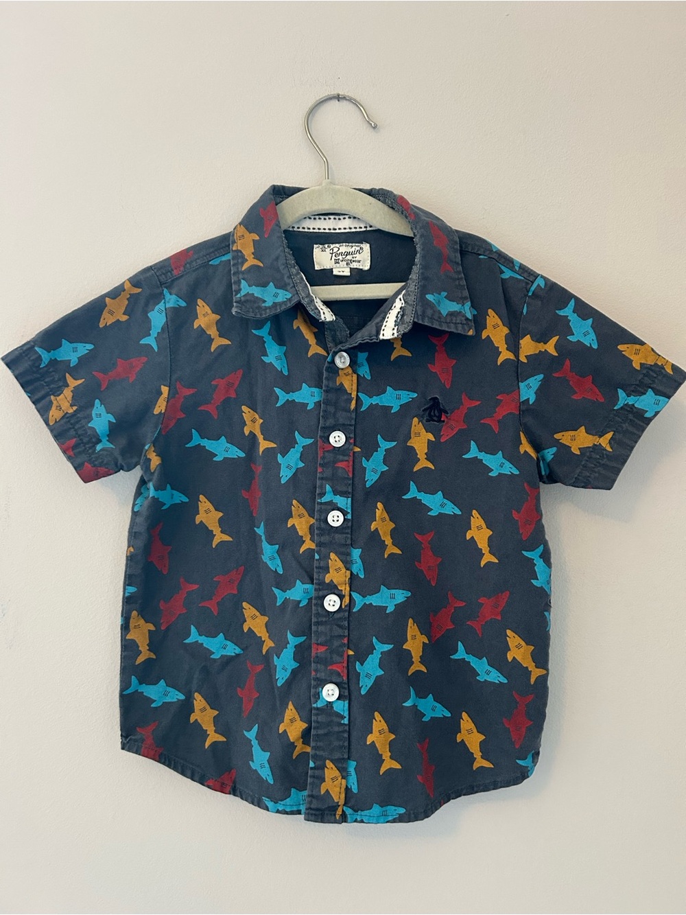 Original Penguin Kids Short-Sleeve Shark Print Button-Up Shirt - Navy Size 3T